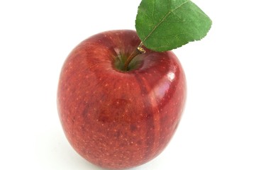 red apple with leaf isolated on white background