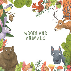 Obraz premium Funny watercolor forest frame. Hand painted bear, wolf, deer, hare, squirrel, tit, trees, leaves and acorn. Decorative frame perfect for card making