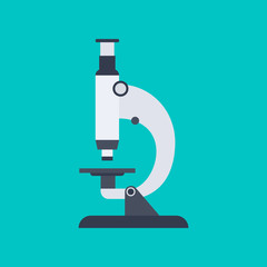 Microscope in flat style isolated on blue background. Laboratory science equipment. Microscope icon. Medical examination. Vector illustration