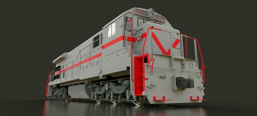 Modern gray diesel railway locomotive with great power and strength for moving long and heavy railroad train. 3d rendering.