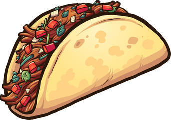 Cartoon meat taco with cilantro and tomato.  Vector clip art illustration with simple gradients. All in a single layer.  - obrazy, fototapety, plakaty