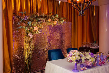 Luxury wedding table with flowers and trees. Beautiful flowers, close-up