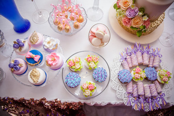 Candy bar on golden wedding party with a lot of different candies, cupcakes, souffle and cakes. Decorated in brown and purple colors, nature and eco theme, indoor