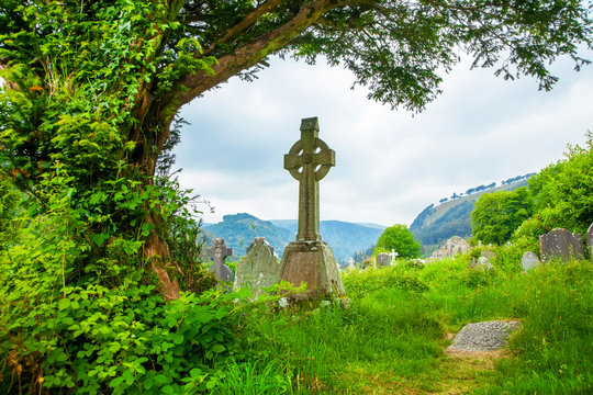 Ancient celtic cross in Glendalough, Ireland