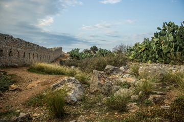 Fototapeta na wymiar old ruins of south castle with destroyed stones walls and yard empty space with rocks and cacti
