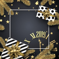 Grey 2019 New Year card with frame, clock, fir branches and gifts. Top view card.