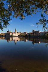 Colorful autumn Prague Old Town above River Vltava, Czech Republic