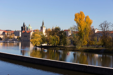 Colorful autumn Prague Old Town above River Vltava, Czech Republic