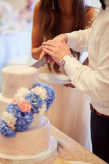Obraz na płótnie Canvas Bride and groom cut white layered wedding cake decorated with blue and white hydrangeas