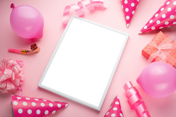 Accessories for girls on a pink background. Invitation, birthday, girlhood party, baby shower concept, celebration. With frame for design