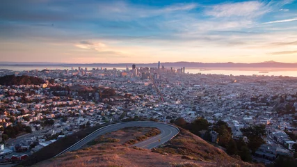Fotobehang Aerial San Francisco Panoramic Pink Sunrise © Bjorn Bakstad