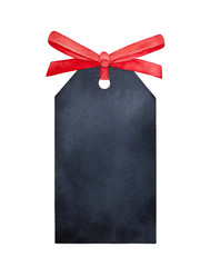 Black chalkboard tag with bright red satin ribbon. One single object, top view. Handdrawn water color illustration on white, isolated element for design, decoration, cards, scrapbooking embellishment.