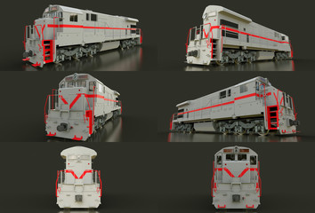 Modern gray diesel railway locomotive with great power and strength for moving long and heavy railroad train. 3d rendering.