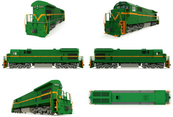 Modern green diesel railway locomotive with great power and strength for moving long and heavy railroad train. 3d rendering.