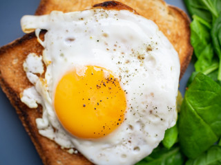 Fried eggs on toast and spinach close up from above on blue plate