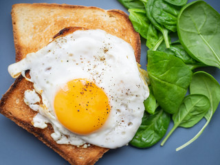 Fried eggs on toast and spinach close up from above on blue plate