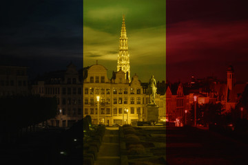 Naklejka premium Flag of Belgium in minimalistic design composition skyline Brussels