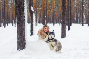 Fototapeta na wymiar Cheerful newlyweds walks on the trail in the snowy forest with two siberian dogs. Winter wedding. Artwork. Copy space