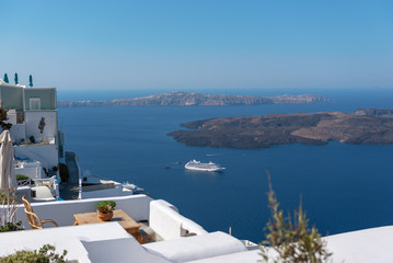 Aerial view on volcanic caldera near Santorini island, Greece