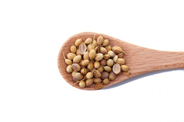Coriander seed isolated over white background with wooden spoon