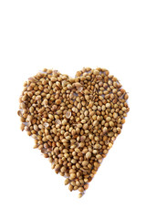 Coriander seed isolated over white background with love shape