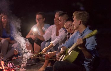 young friends relaxing around campfire