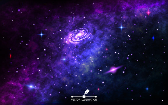 Space Background. Cosmic Backdrop With Nebula. Outer Space With Bright Spiral Galaxy, Stardust And Shining Stars. Realistic Cosmos With Milky Way. Vector Illustration For Brochure And Poster