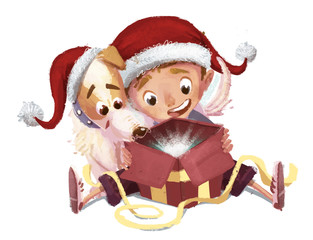 niño con perro y regalo de navidad