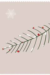 Merry Christmas card with snowflake and twig.