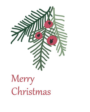 Merry Christmas and Happy New Year greeting card design. Taxus baccata tree branches with red berries and fir twigs. Merry Christmas text lettering. Greeting card template on white background, vector