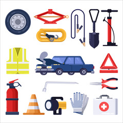 Automobile road emergency kit. Car repair and safety tools. Vector flat illustration