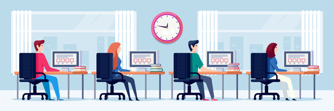 Students pass exam test, vector illustration. Online education and learning concept. People using computers in cabinet