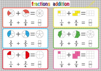 Fractions Addition, Printable Fractions Worksheets for students and Teachers, fraction addition problems. Add two fractions and write the answer in the box. - obrazy, fototapety, plakaty