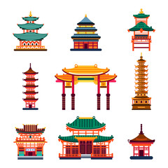 Colorful Chinese buildings, vector flat isolated illustration. China town traditional pagoda house. - obrazy, fototapety, plakaty