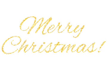 Merry Christmas text from the stars. Shining golden text. Confetti of stars.