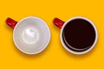 Empty and full red cups. Coffee set on a yellow background