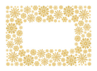 Christmas frame with gold snowflakes. Border of sequin confetti