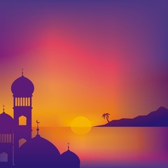 Sunset Scenery on the Beach with Mosque Sillhouette