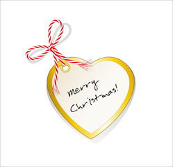 Weihnachts Karte Herz, Etikett für Geschenke, Weihnachtskarte mit Grüße in englisch, Geschenkanhänger mit Goldrand und Schleife,
Vektor Illustration isoliert auf weißem Hintergrund