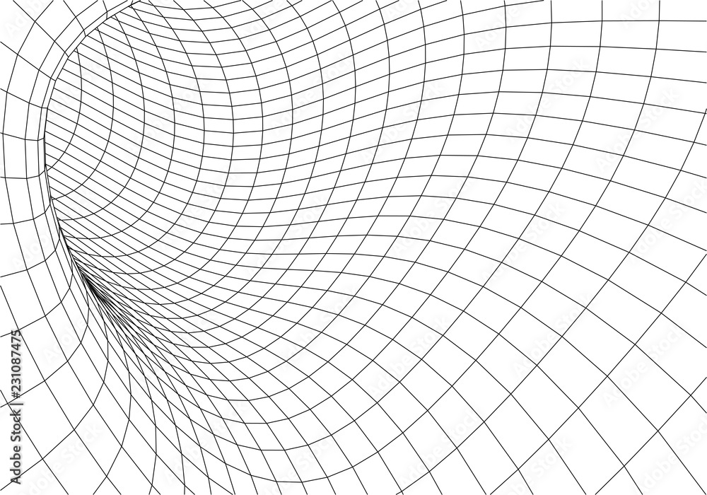 Poster tunnel or wormhole. digital 3d wireframe tunnel. 3d tunnel grid. network cyber technology. surrealis