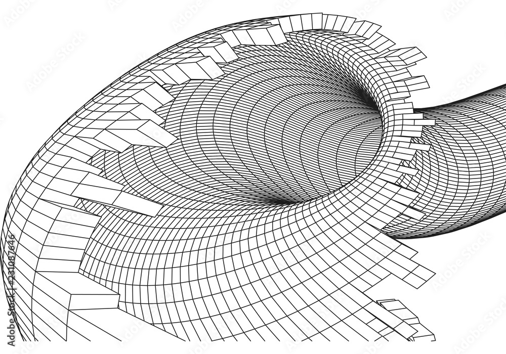 Poster tunnel or wormhole. digital 3d wireframe tunnel. 3d tunnel grid. network cyber technology. surrealis