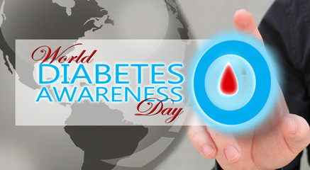 man hand holding blue circle with blood drop, diabetes awarees concept