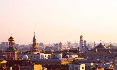 Panoramic view of the historical buildings of Moscow from roof in center of Moscow, Russia