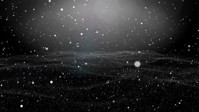 Bright lighted particles of dust or abstract of universe parts moving on the black and grey background with waves texture.