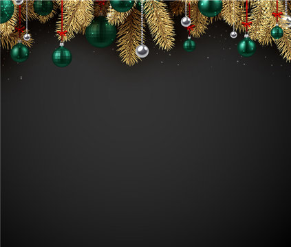 Happy New Year background with green Christmas balls and fir branches.