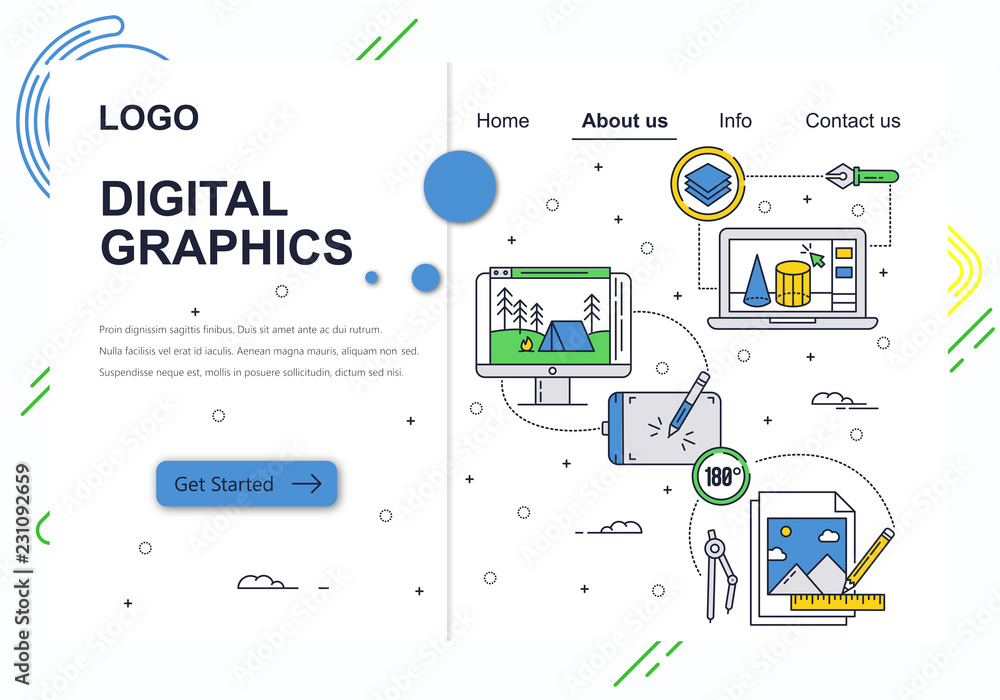 Poster vector web site linear art design template. graphic art, drawing tablet and software . landing page 