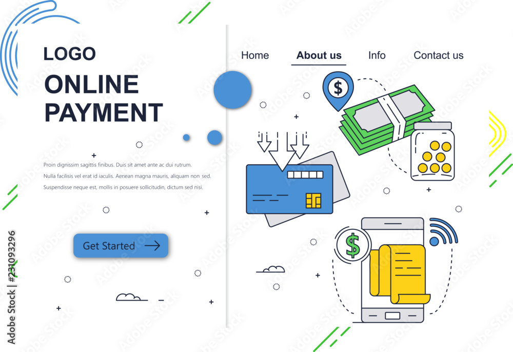 Poster vector web site linear art design template. online money payment and new banking technology. fintech