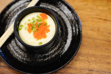 Steamed eggs, Egg custard dish, Chawanmushi in Japanese topped with eggs shrimp.