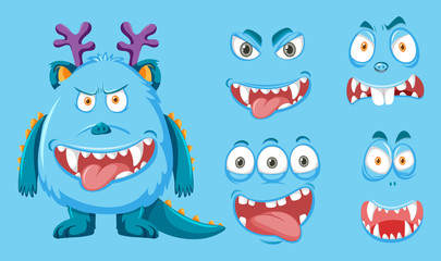 Blue monster with different facial expression