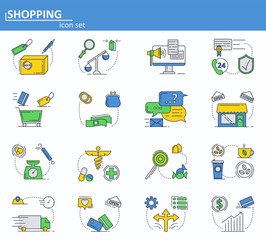 Vector set of online shopping, delivery and internet store support service icons in thin line style. Website UI and mobile web app icon. Outline design illustration.